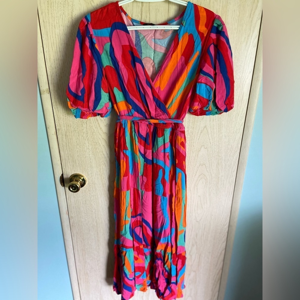 Cassee’s Psychedelic Colorful Boutique Rayon Tie Waist Dress Sz PXL